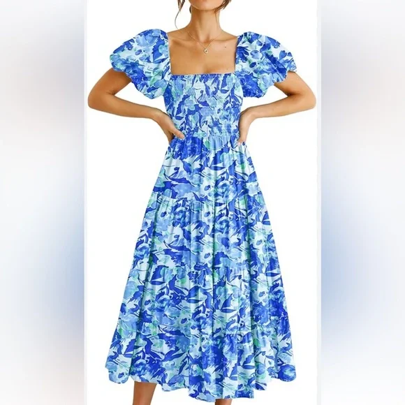 PRETTYGARDEN Womens Summer Puffy Short Sleeve Square Neck Smocked Tiered Ruffle - Picture 2 of 15